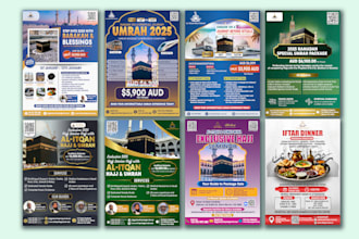 do islamic hajj, umrah, ramadan flyers, brochures, and poster design