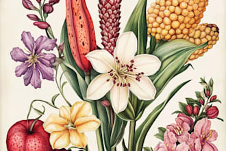 draw botanical illustration, flowers, fruits