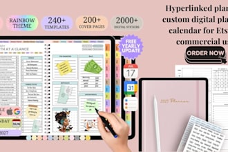 hyperlinked planner, custom digital planner, calendar for etsy or commercial use