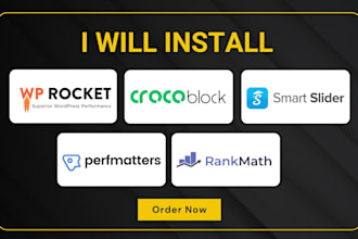 install wp rocket, perfmatters, crocoblock, smart slider and rankmath
