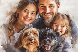 family portrait with digital watercolor painting