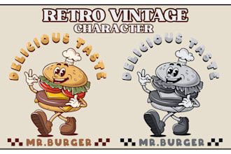 create retro vintage logo cartoon character mascot in handdrawn style