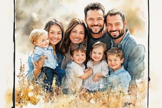 merge photos to watercolor family portrait illustration