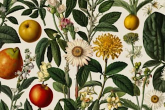 make a botanical illustration of flowers, plants, fruits