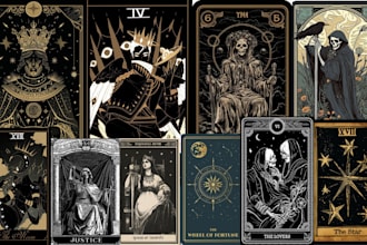 draw custom tarot, zodiac, oracle, or playing cards in dark art with box design