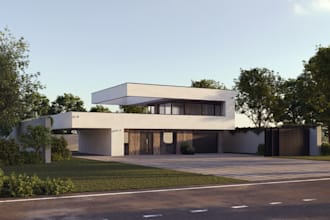 be your 3d architect, photorealistic rendering, villa elevation, facade, 3ds max