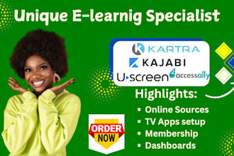 setup kajabi online course, kartra page, podia, accessally, uscreen