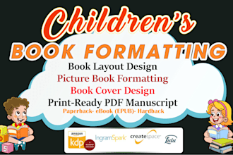 do children book formatting, publishing, ebook for kindle, lulu, ingramspark