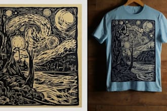 design a beautiful linocut t shirt in my art style