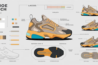 design tech pack shoe sketch and sneakers, footwear concepts for manufacturing