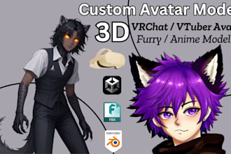 model 3d custom avatar, vrchat avatar vtuber avatar furry anime vrc unity model