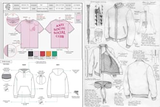factory ready fashion clothing tech pack and detailed flat sketch tech pack