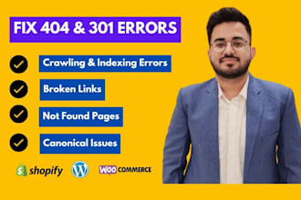 fix 404, 403, 500 errors, broken links, redirects, indexing, canonical issues