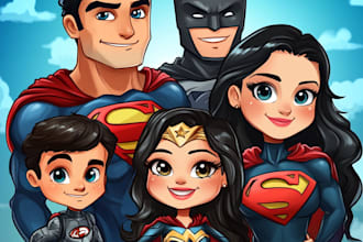 draw digital superhero cartoon caricature as family, group