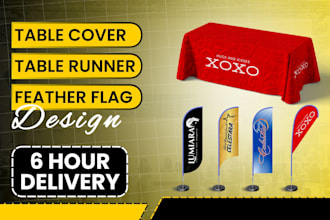 design table covers, table runners and feather flags