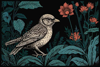 illustrate botanical and animal linocut vector illustration