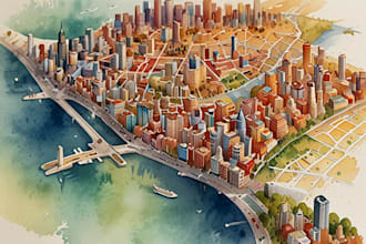 create a detailed watercolor map illustration of your city