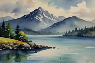 paint watercolor landscape with mountains, sea