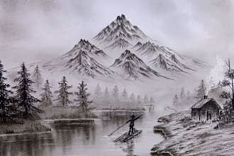 draw watercolor landscape with mountains illustration