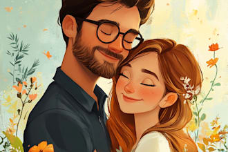 disney couple portrait illustration, family portrait
