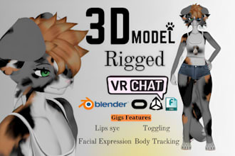 create custom vrchat avatar, 3d character model, furry anime 3d model, 3d vtuber