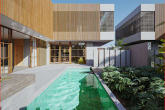 present 3d front house elevation, forest design, balcony , high end rendering