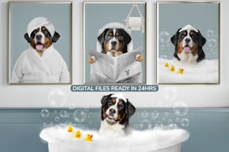 do custom bathroom pet portraits, set of 4, dog mom gifts