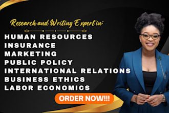 research and write on human resources, insurance, marketing, and public policy