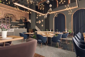 dazzling 3d restaurant interior,corona render,luxury furniture,day, night render