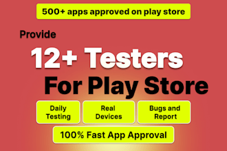 provide 12 app testers for close testing on google play in 14 days testing