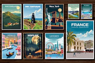 design custom vintage, retro, deco, modern travel poster