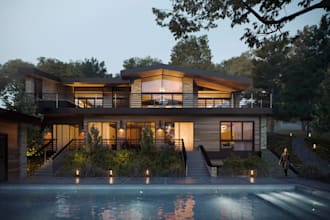 construct highrise brick villa, swimming pool, wall floor design, cgi rendering