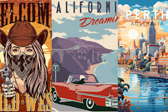 design vintage poster, travel poster retro poster, pop art art deco, comic book
