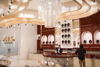 retouch 3d jewelry shop interior,2d furniture layout,retail store, cgi rendering