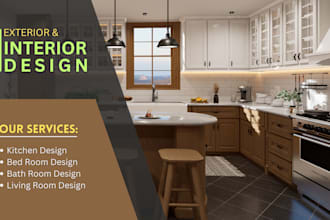 do interior design for living room, kitchen, bedroom, office, bathroom, exterior