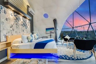 do 3d design of a realistic glamping dome, tiny house design, patio design