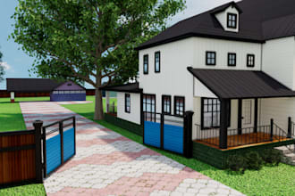 redesign landscape,patio front yard outside pergola deck,site plan and rendering