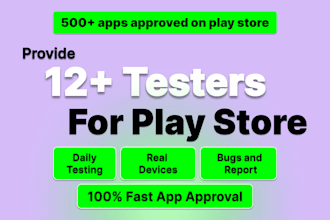 provide 12 app tester for close testing on google play console, 14 day testing