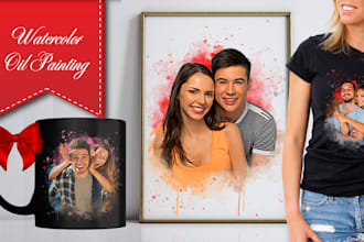 custom valentine day couple portrait digital watercolor oil painting style