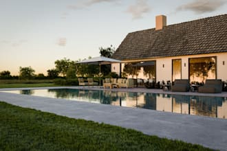 design 3d modern farm house, patio, outdoor lighting, pool, backyard, cgi render
