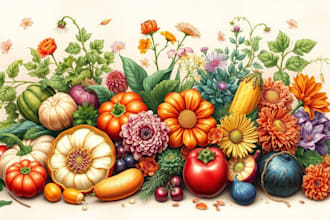 draw realistic vegetables, fruits, flowers and botanical plants