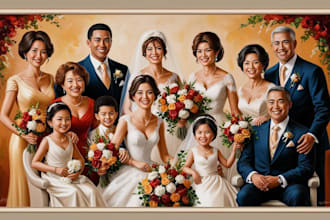 draw wedding, family portrait in digital oil painting style