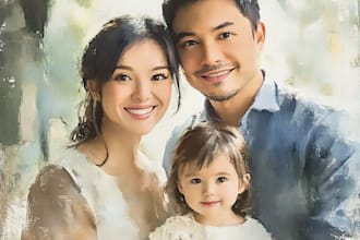 paint a family portrait into a digital watercolor painting with oil painting