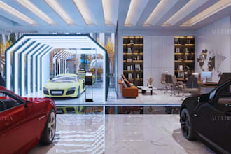 create a 3d car showroom design, car dealership showcasing your automobile space