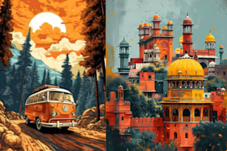 create vintage illustration poster design, travel poster design in vintage style