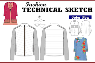 tech pack and flat sketches for fashion design for factory support
