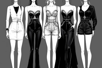 draw a beautiful fashion illustration, sketch, clothes