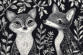 do animal and botanical linocut doodle illustration