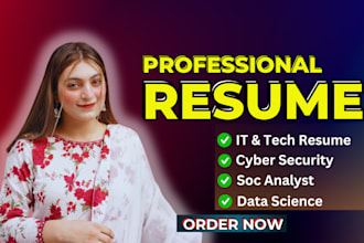 write professional resume for IT, cybersecurity, soc analyst, data analyst