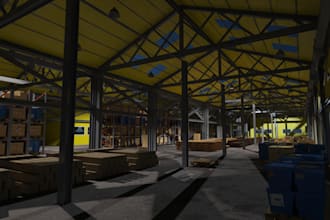 create a 3d cgi warehouse interior and exterior design with realistic rendering